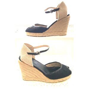 Coach Black Peep Toe Wedge Sandals With Ankle Strap &Jute Heel Size 7B
